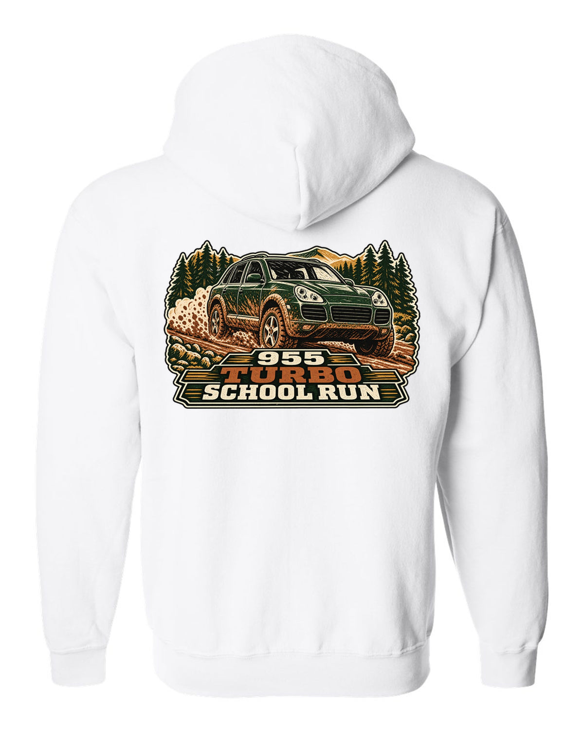 Multi-block linocut print of a muddy Porsche Cayenne Turbo 955 with the text 955, turbo, school run white zip hoodie back view with the design