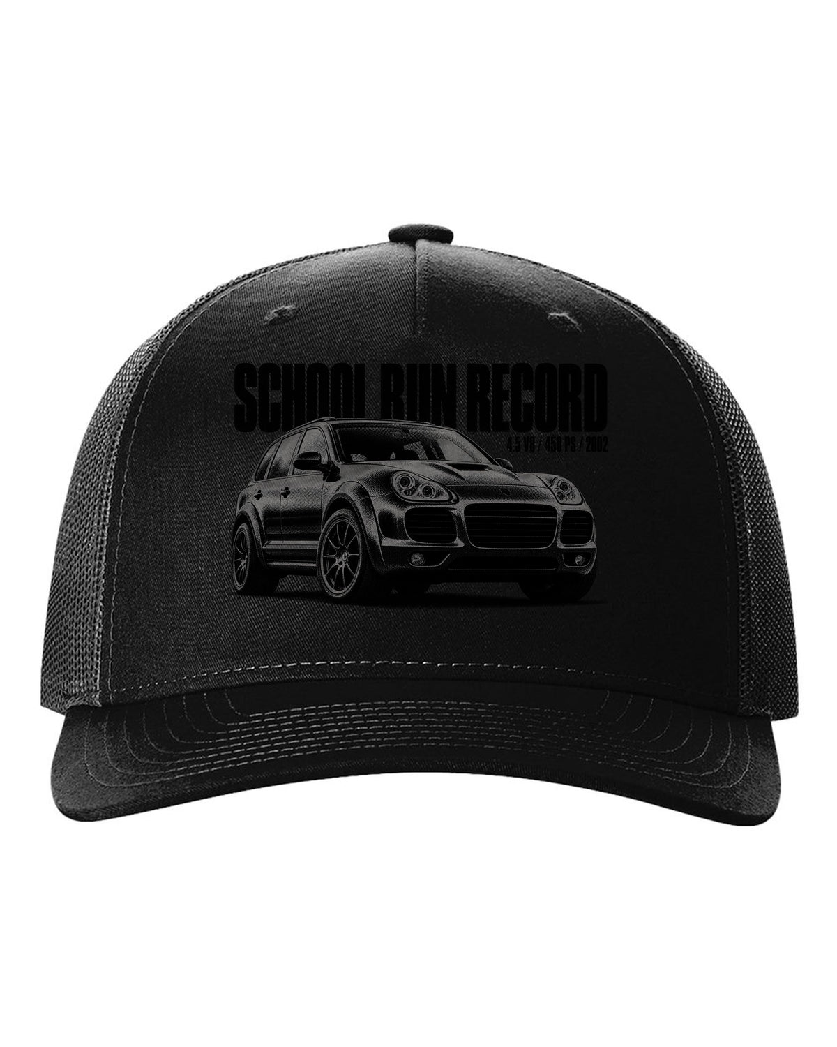 Halftone print of a Porsche Cayenne Turbo 955 with School Run Record caption black hat front view with the design