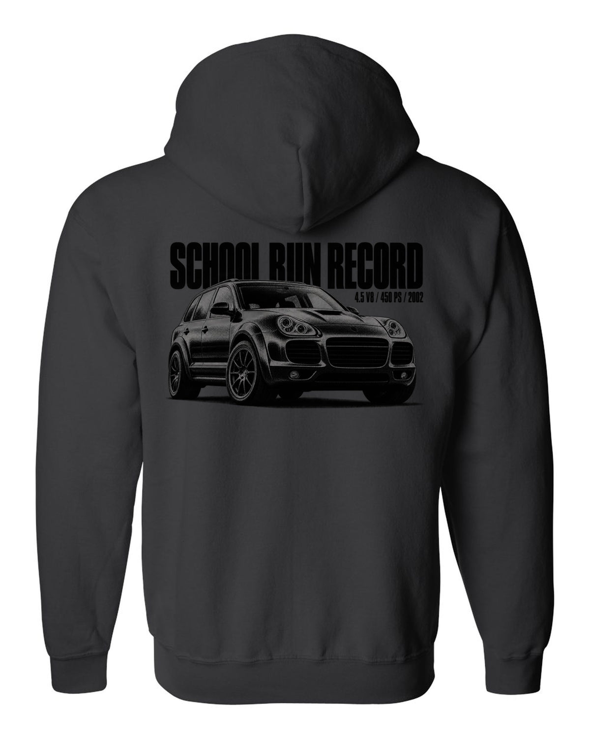 Halftone print of a Porsche Cayenne Turbo 955 with School Run Record caption black zip hoodie back view with the design