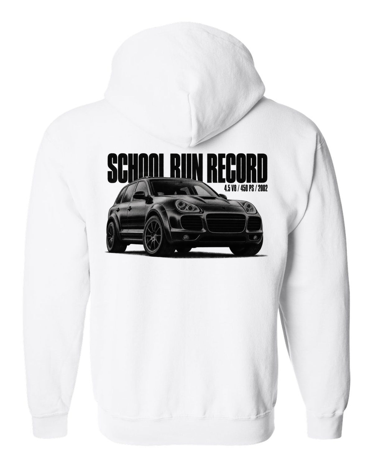 Halftone print of a Porsche Cayenne Turbo 955 with School Run Record caption white zip hoodie back view with the design