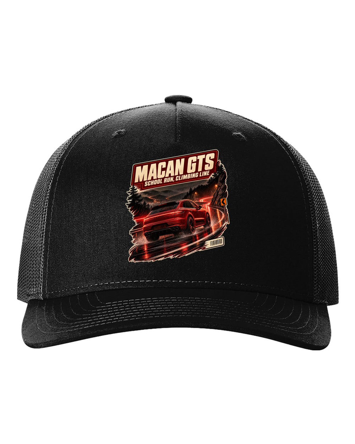 Wet mountain road print of a low front three-quarter Porsche Macan GTS 95B black hat front view with the design