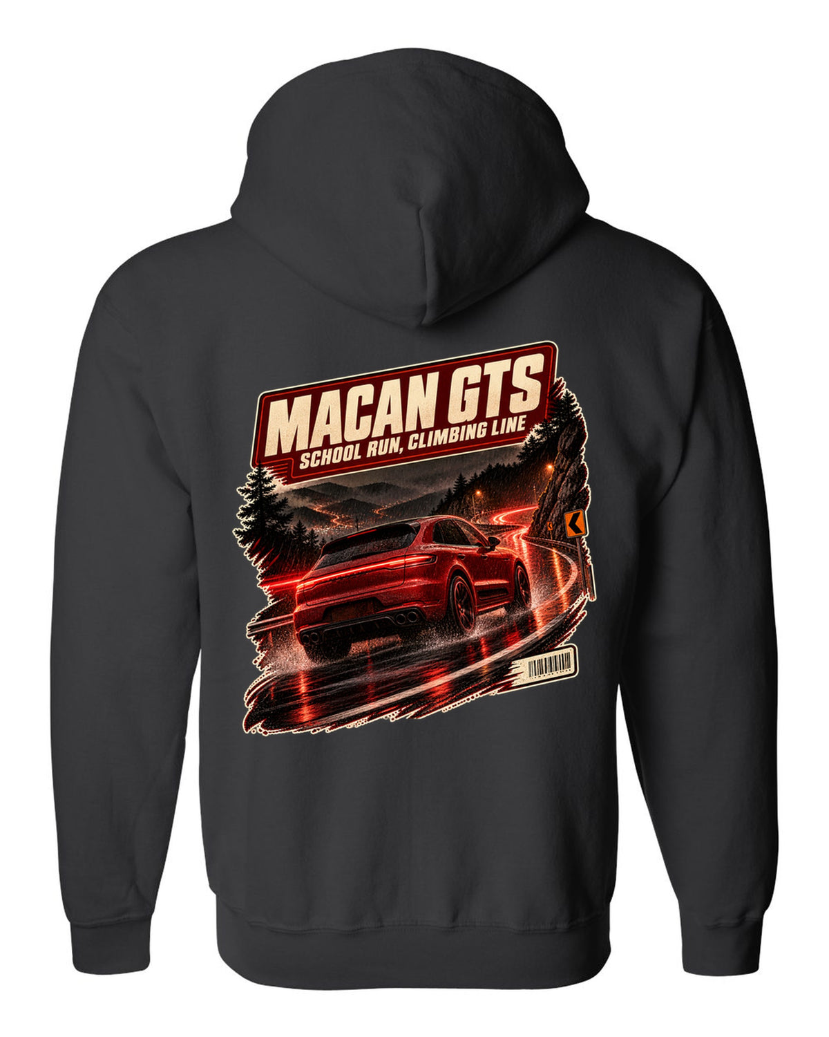 Wet mountain road print of a low front three-quarter Porsche Macan GTS 95B black zip hoodie back view with the design