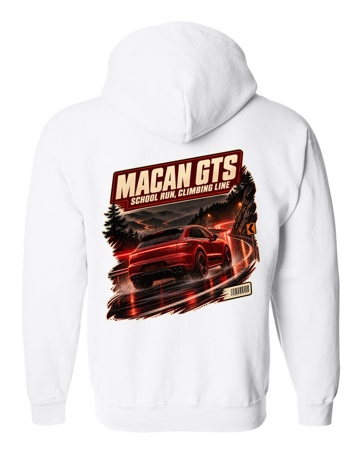 Wet mountain road print of a low front three-quarter Porsche Macan GTS 95B white zip hoodie back view with the design