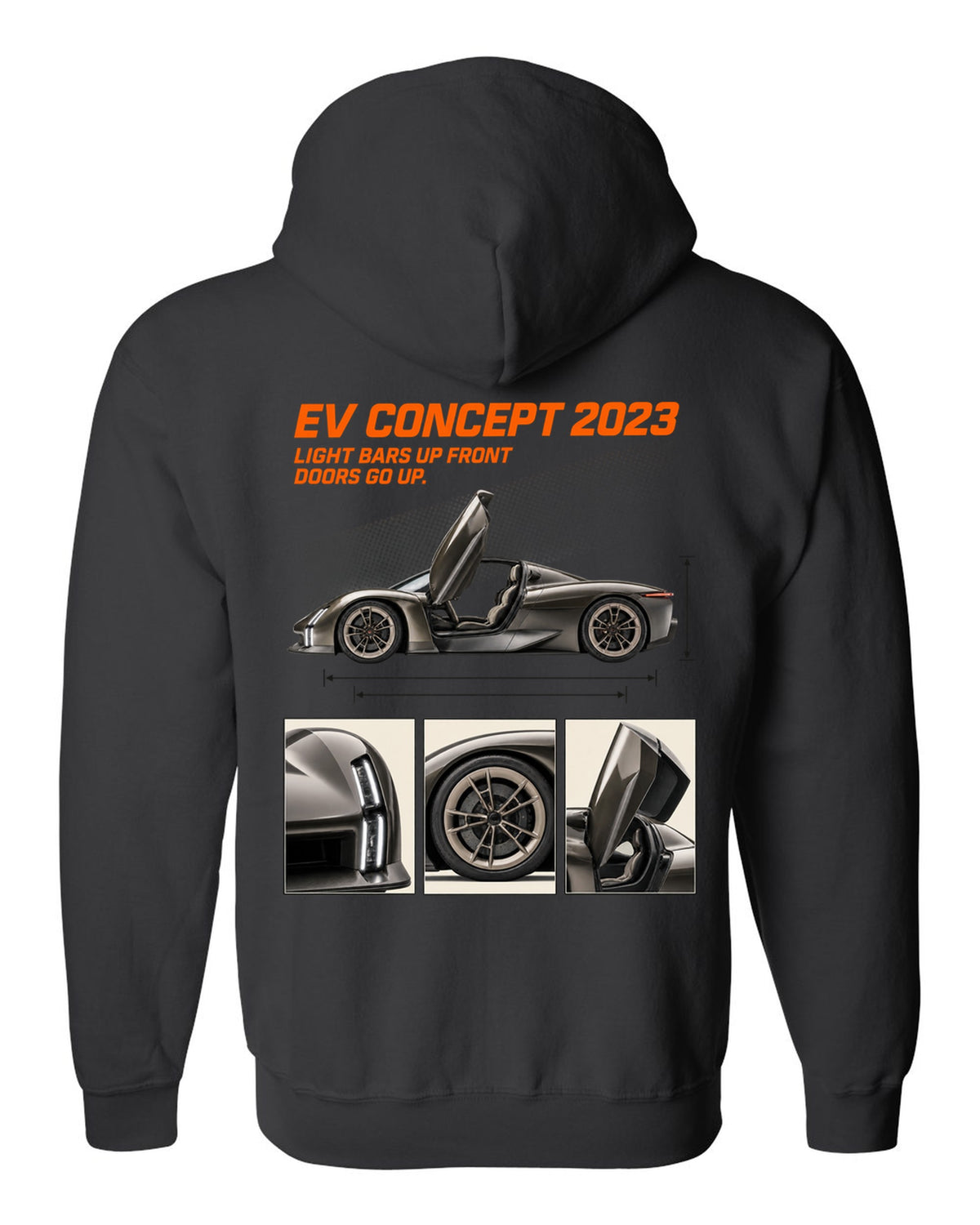 Porsche Mission X electric concept dossier panels print design black zip hoodie back view with the design