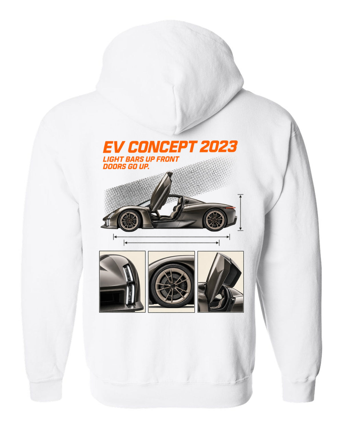 Porsche Mission X electric concept dossier panels print design white zip hoodie back view with the design