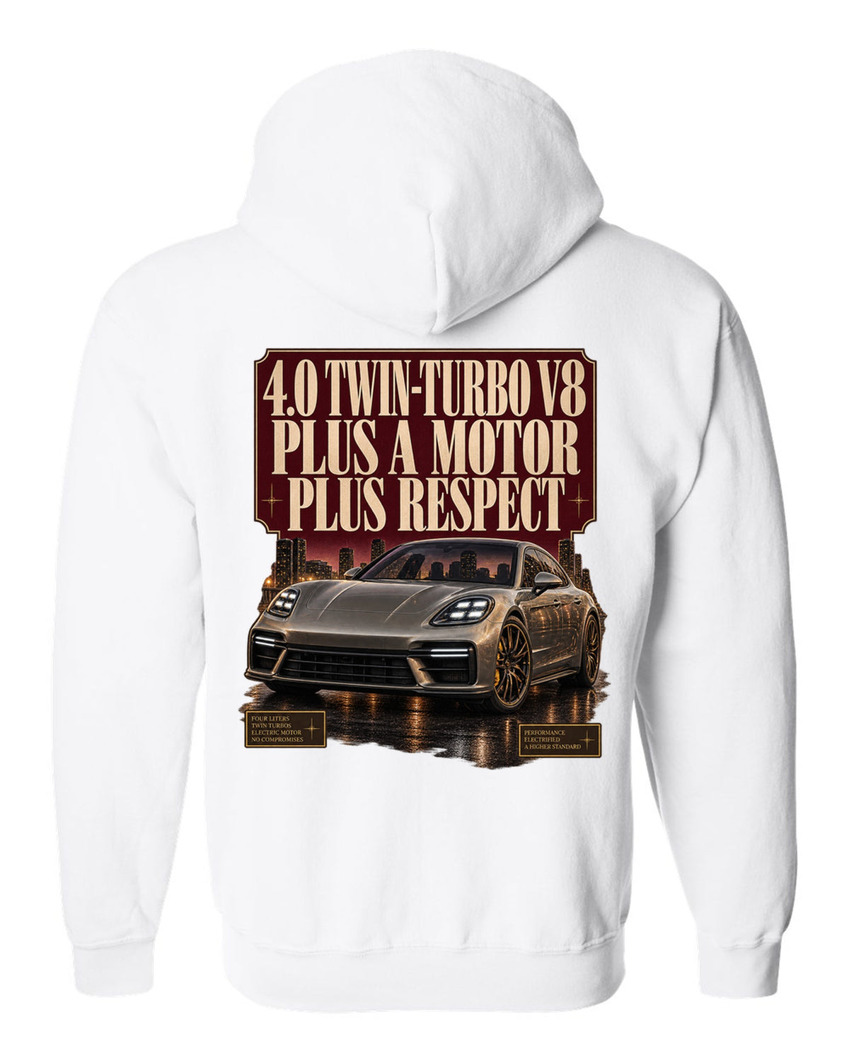 Editorial headline print of a low front three-quarter Porsche Panamera Turbo S E-Hybrid G3 at dusk white zip hoodie back view with the design