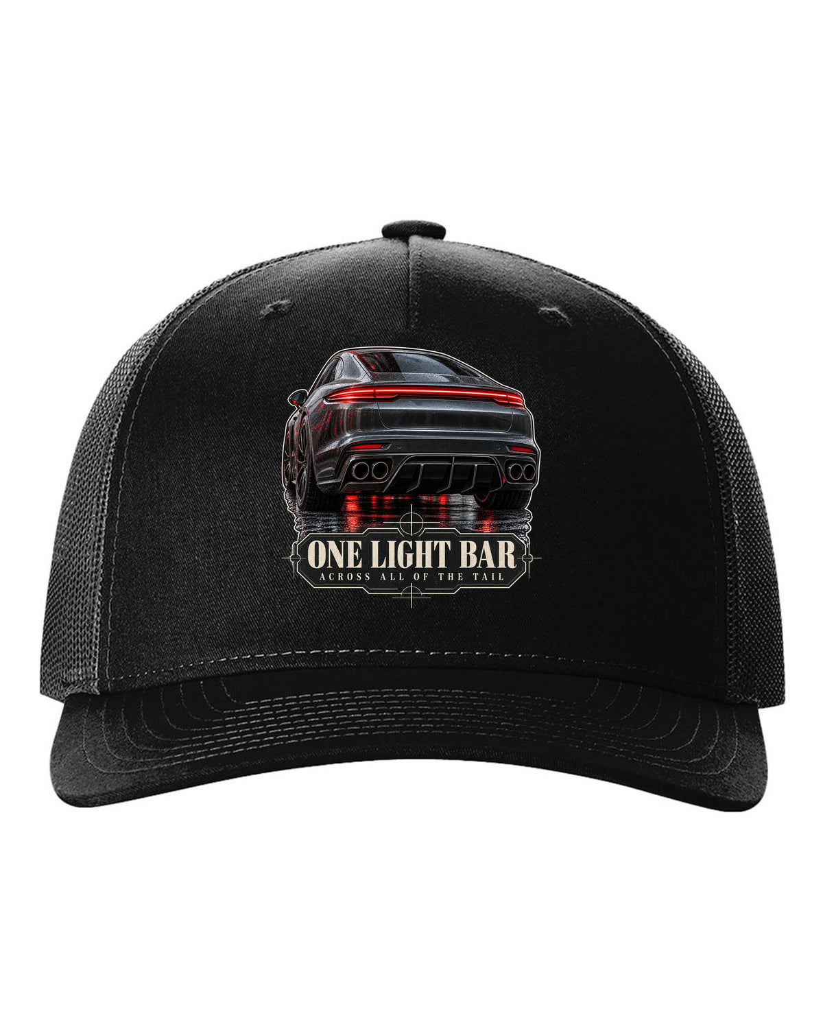 Close crop print of the full-width taillight bar on a Porsche Panamera Turbo S E-Hybrid G3 black hat front view with the design