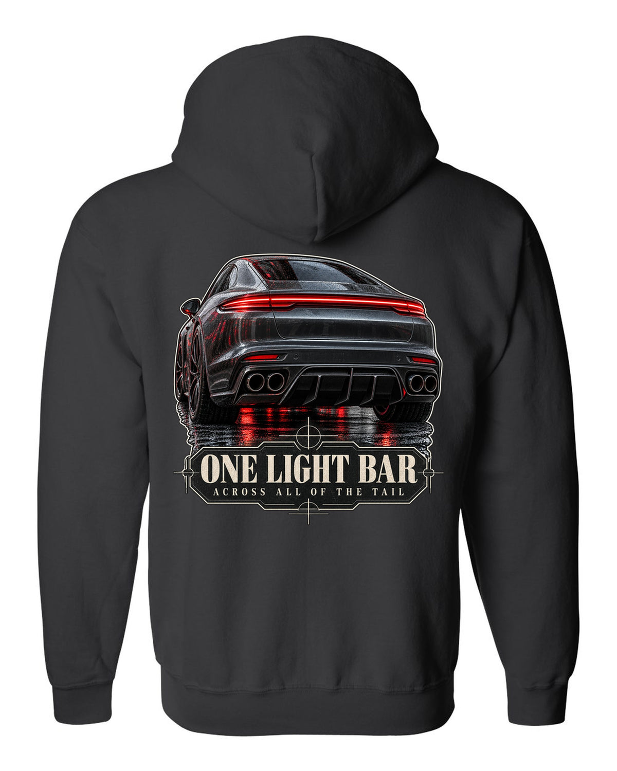 Close crop print of the full-width taillight bar on a Porsche Panamera Turbo S E-Hybrid G3 black zip hoodie back view with the design