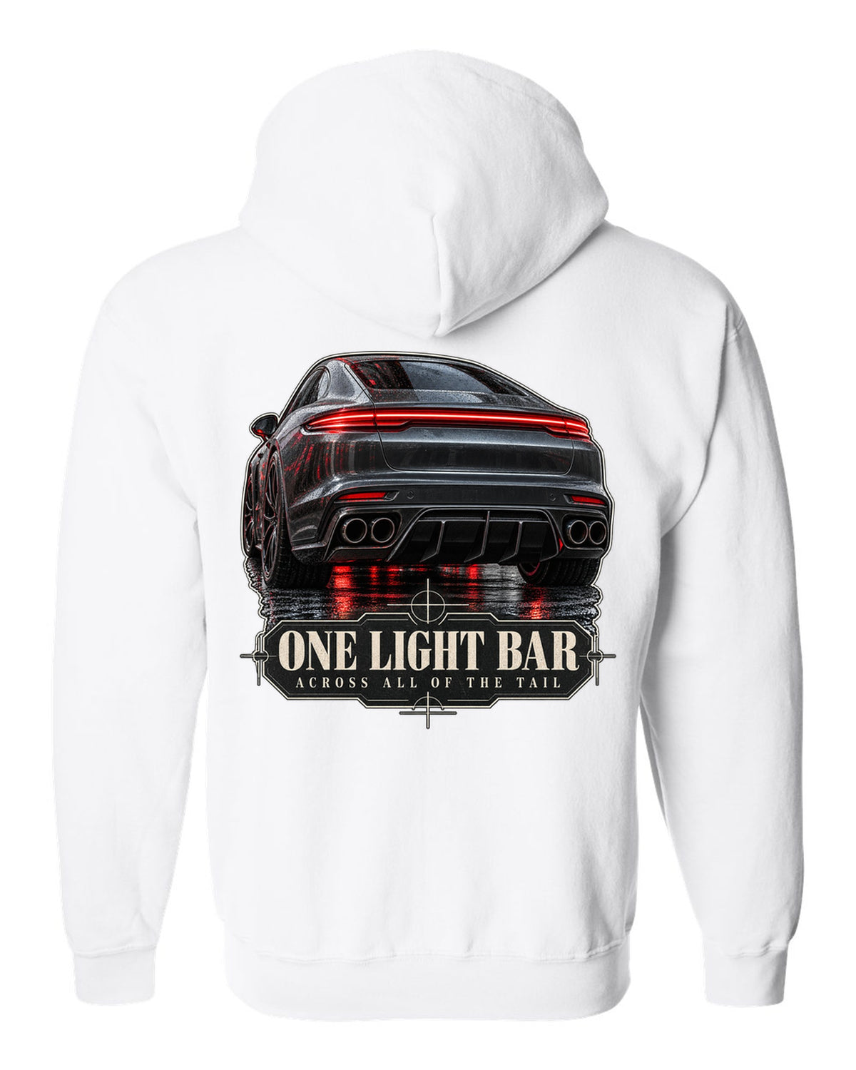 Close crop print of the full-width taillight bar on a Porsche Panamera Turbo S E-Hybrid G3 white zip hoodie back view with the design