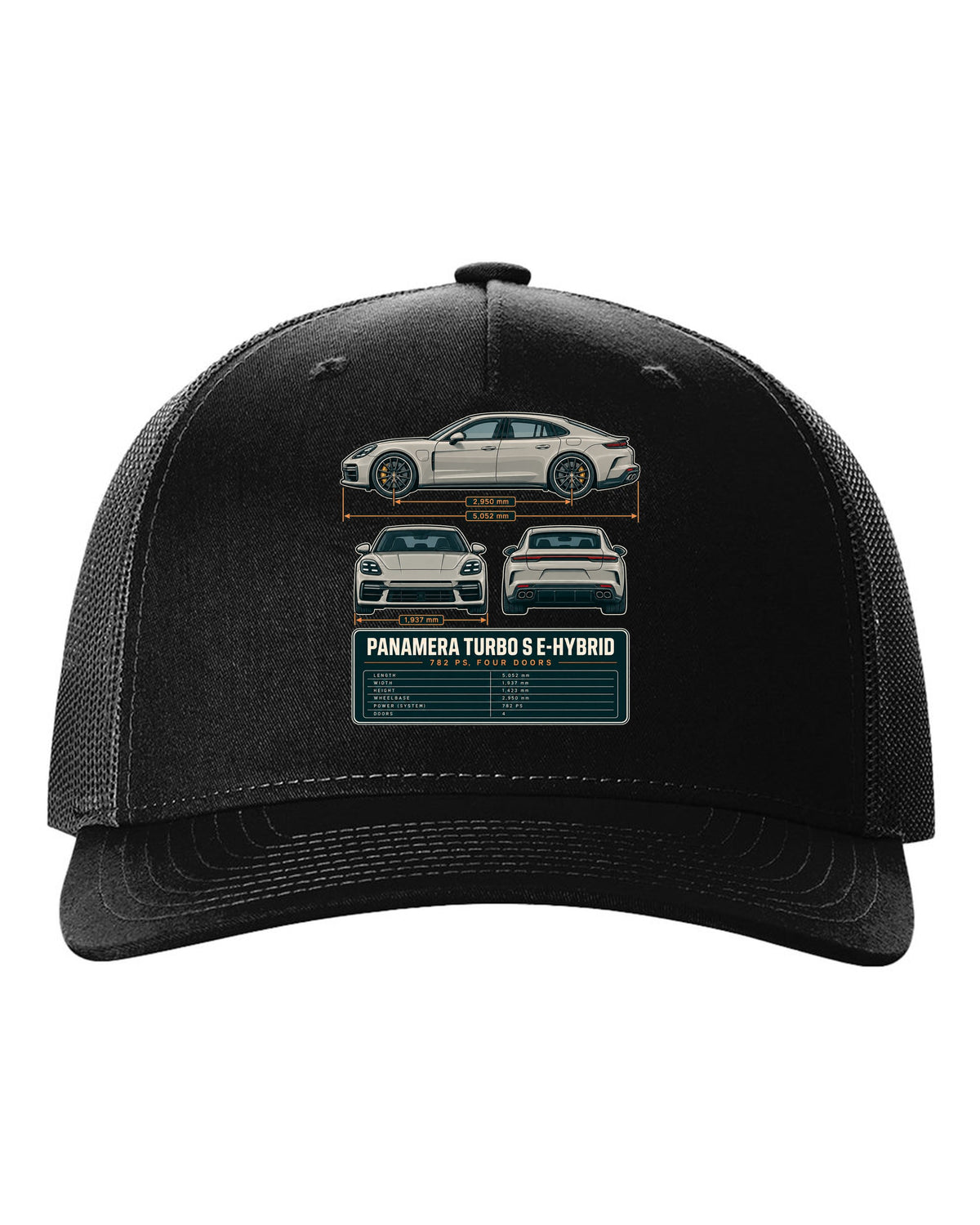 Three-view print of a Porsche Panamera Turbo S E-Hybrid G3 with 782 PS spec table black hat front view with the design