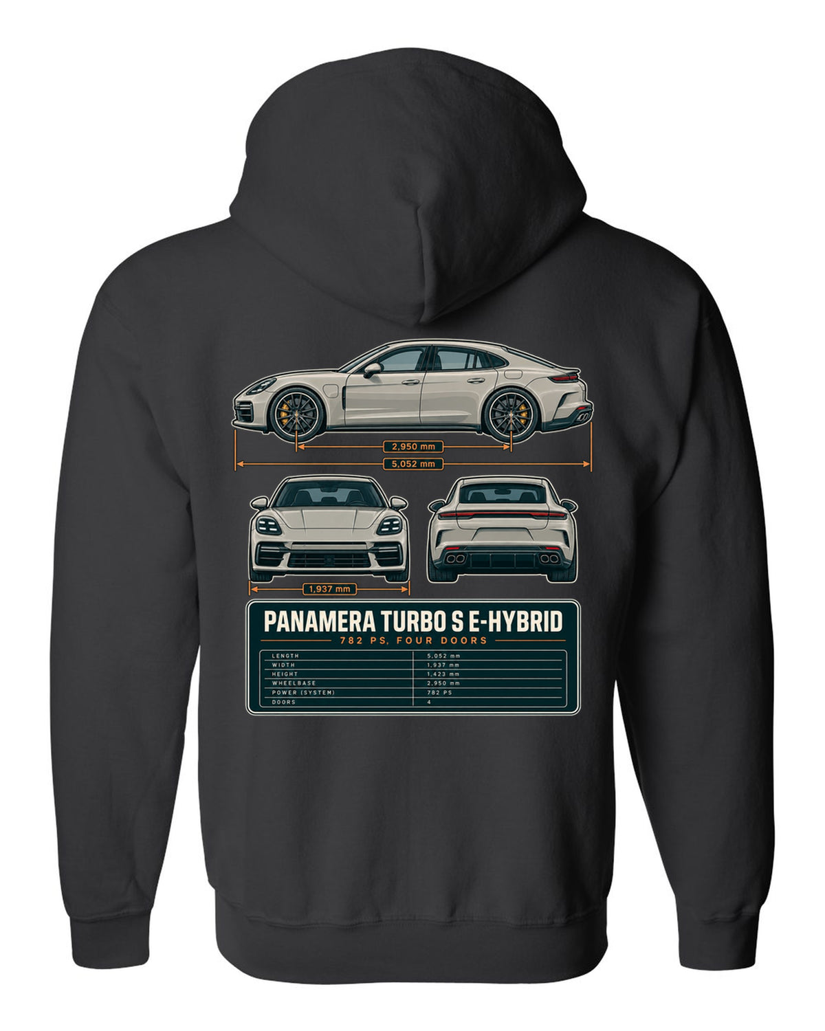 Three-view print of a Porsche Panamera Turbo S E-Hybrid G3 with 782 PS spec table black zip hoodie back view with the design