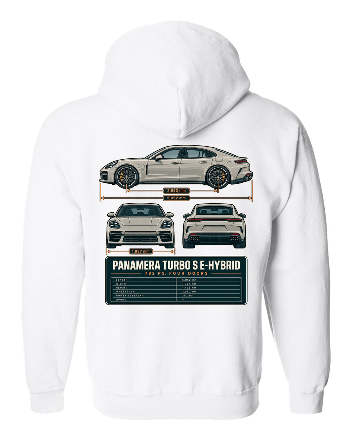 Three-view print of a Porsche Panamera Turbo S E-Hybrid G3 with 782 PS spec table white zip hoodie back view with the design
