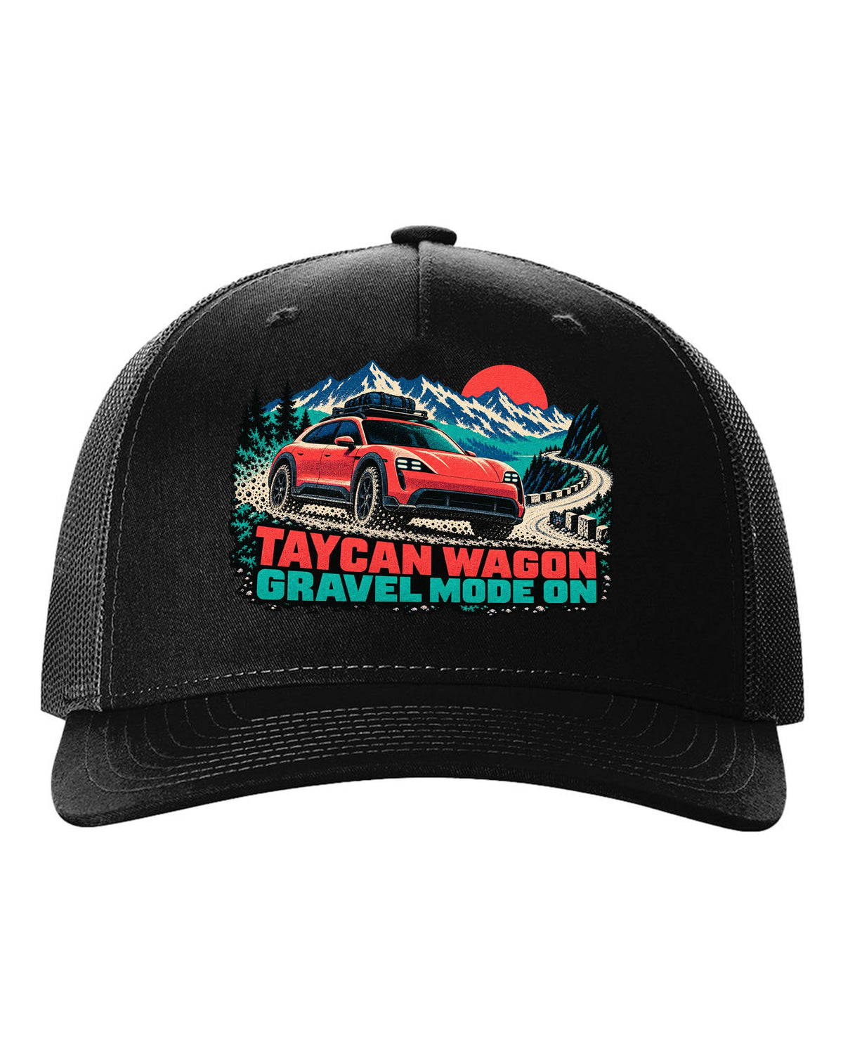 Porsche Taycan Cross Turismo Y1B risograph print with the text Taycan wagon gravel mode on black hat front view with the design