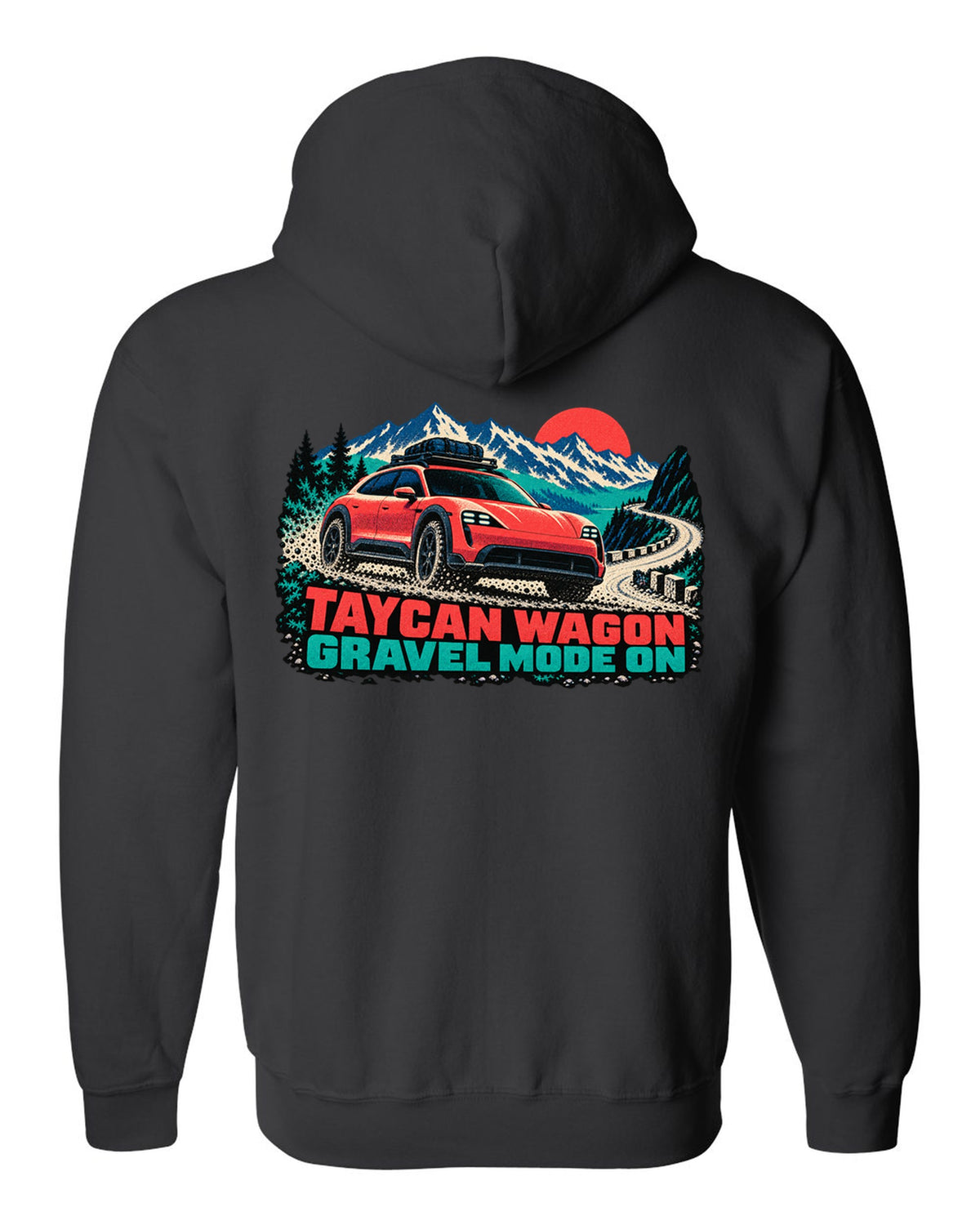 Porsche Taycan Cross Turismo Y1B risograph print with the text Taycan wagon gravel mode on black zip hoodie back view with the design