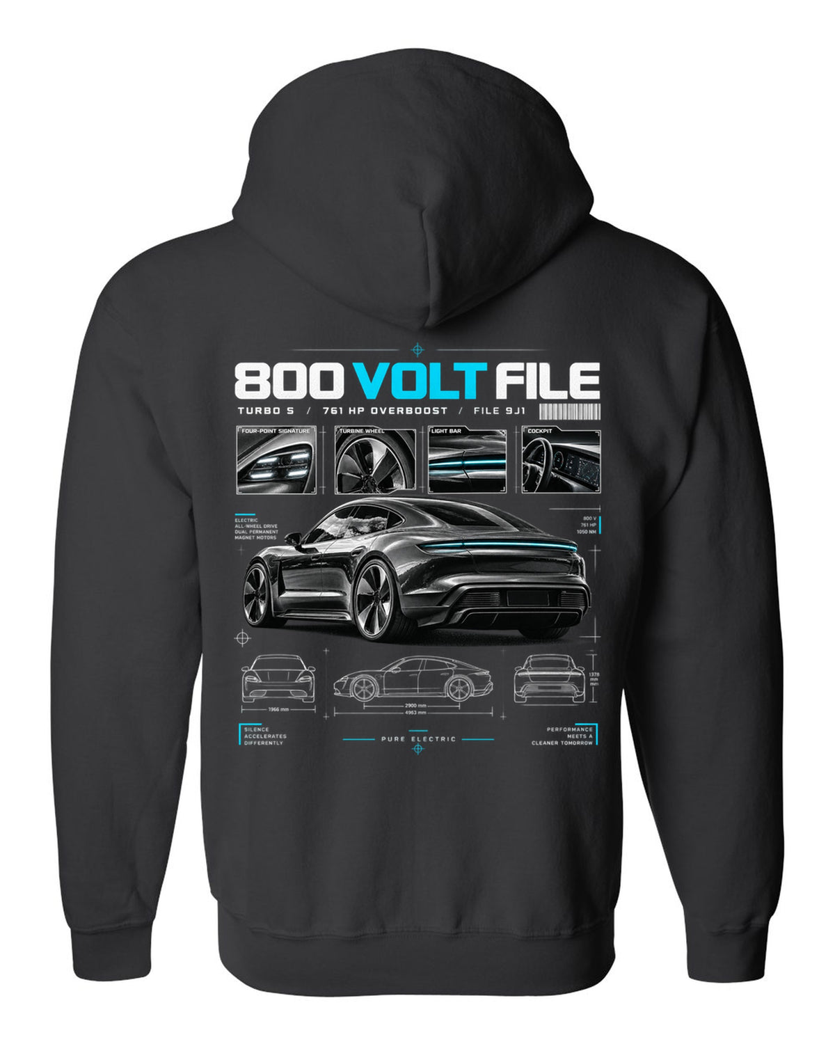 Dossier panel print of a 2020 Porsche Taycan Turbo S 9J1 with turbine wheel and light bar black zip hoodie back view with the design