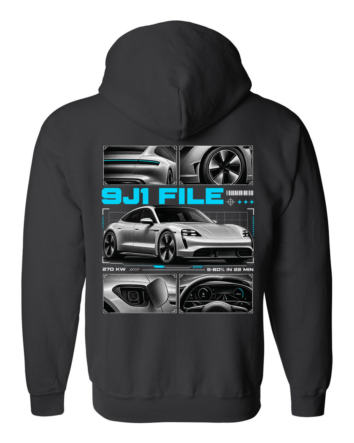Porsche Taycan Turbo S 9J1 dossier panel design with charging figures black zip hoodie back view with the design