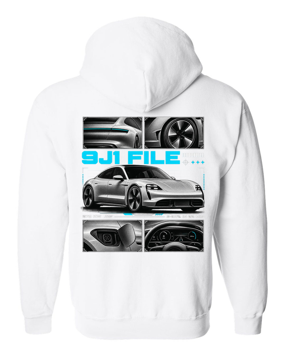 Porsche Taycan Turbo S 9J1 dossier panel design with charging figures white zip hoodie back view with the design