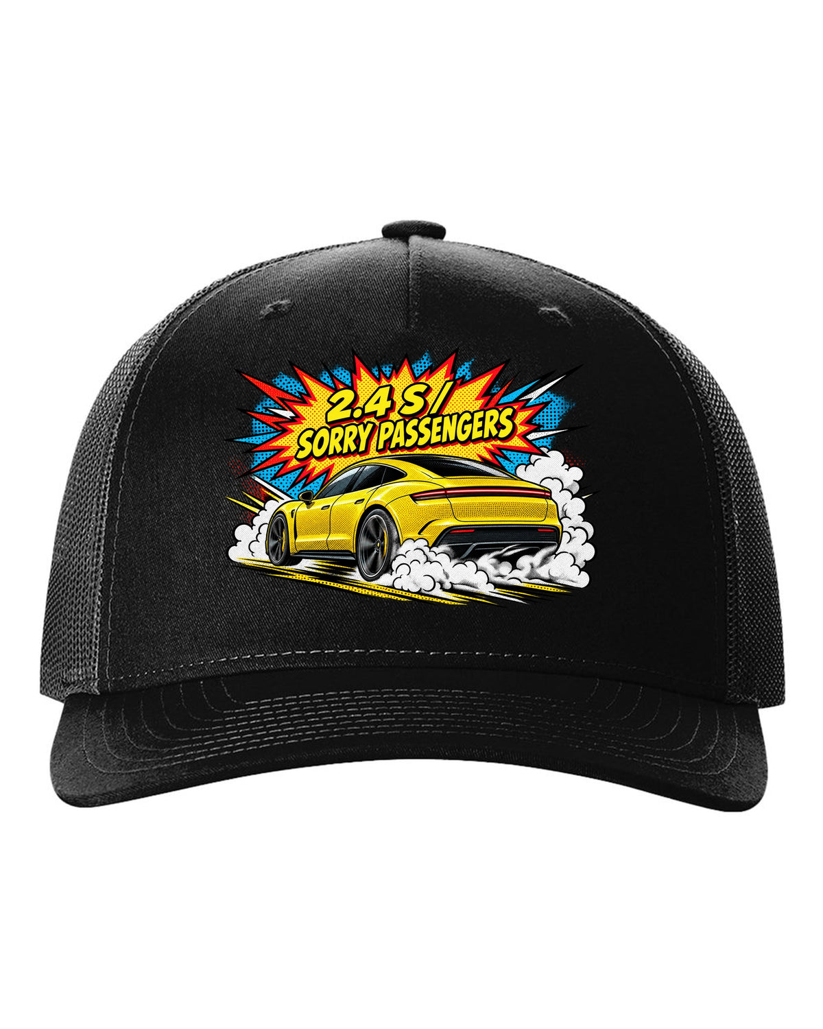 Porsche Taycan Turbo S 9J1 comic halftone pop-art launch print with the text 2.4 s sorry passengers black hat front view with the design