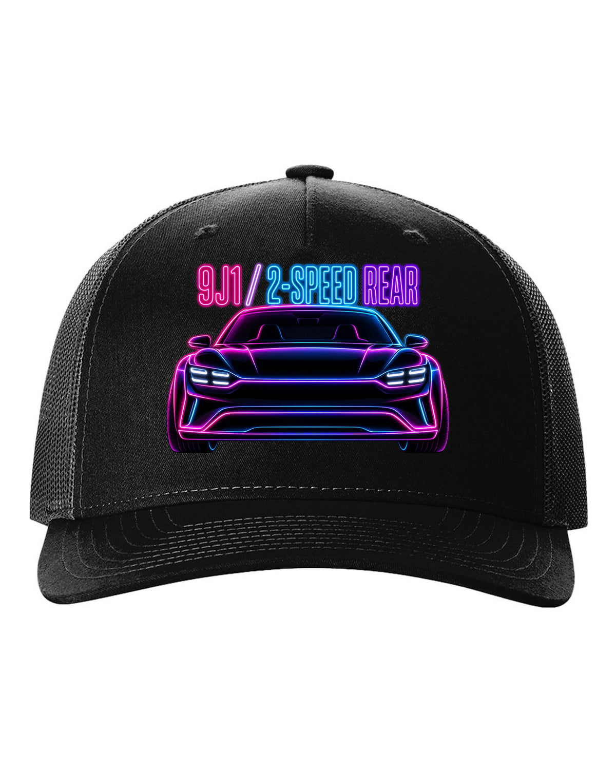 Porsche Taycan Turbo S 9J1 neon outline print with the text 9J1 2-speed rear black hat front view with the design