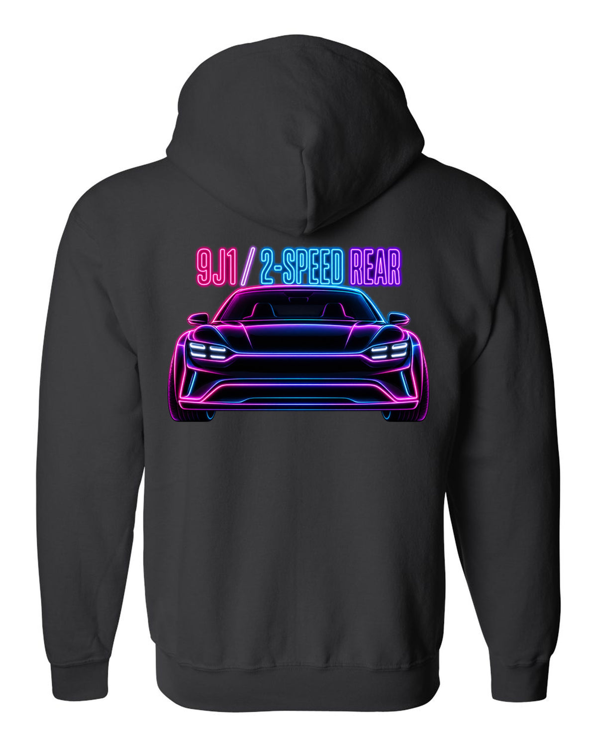 Porsche Taycan Turbo S 9J1 neon outline print with the text 9J1 2-speed rear black zip hoodie back view with the design