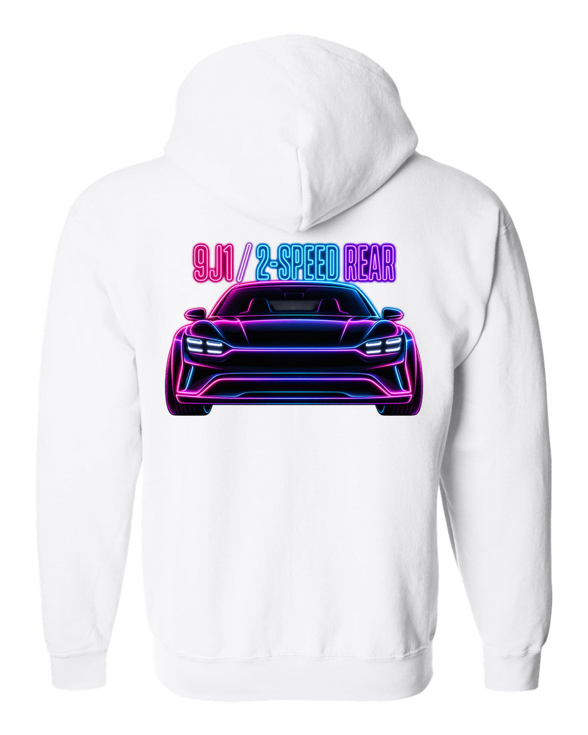 Porsche Taycan Turbo S 9J1 neon outline print with the text 9J1 2-speed rear white zip hoodie back view with the design