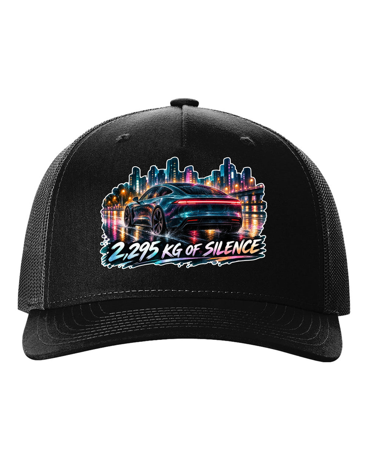 Porsche Taycan Turbo S 9J1 watercolor wet road night print with the text 2,295 kg of silence black hat front view with the design