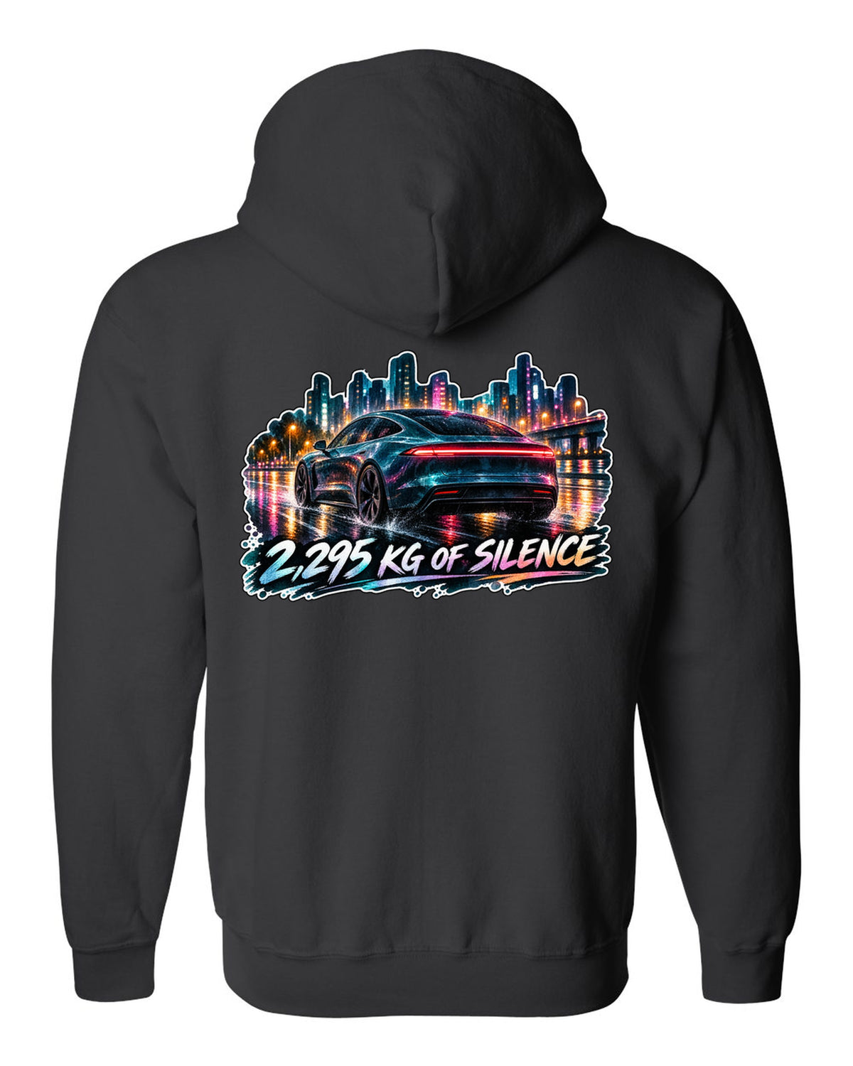 Porsche Taycan Turbo S 9J1 watercolor wet road night print with the text 2,295 kg of silence black zip hoodie back view with the design