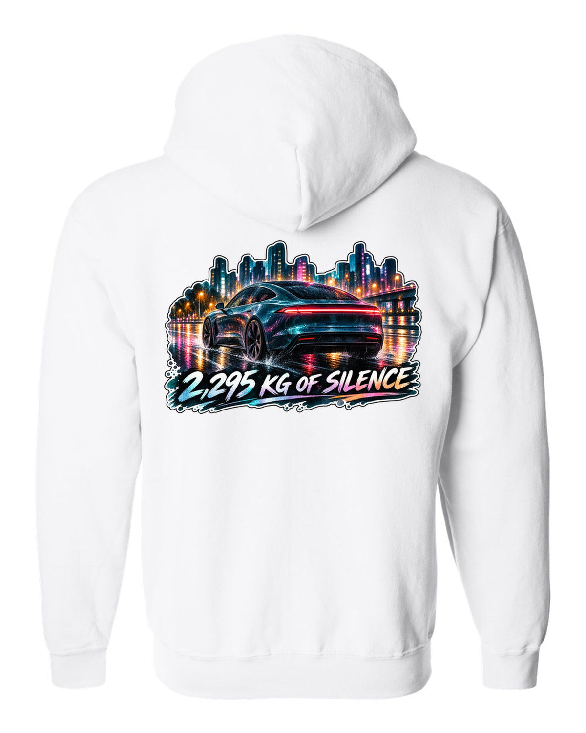Porsche Taycan Turbo S 9J1 watercolor wet road night print with the text 2,295 kg of silence white zip hoodie back view with the design