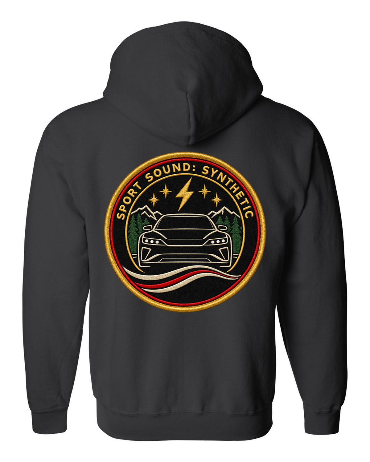 Porsche Taycan Turbo S 9J1 round embroidery-style crest print with the text sport sound synthetic black zip hoodie back view with the design