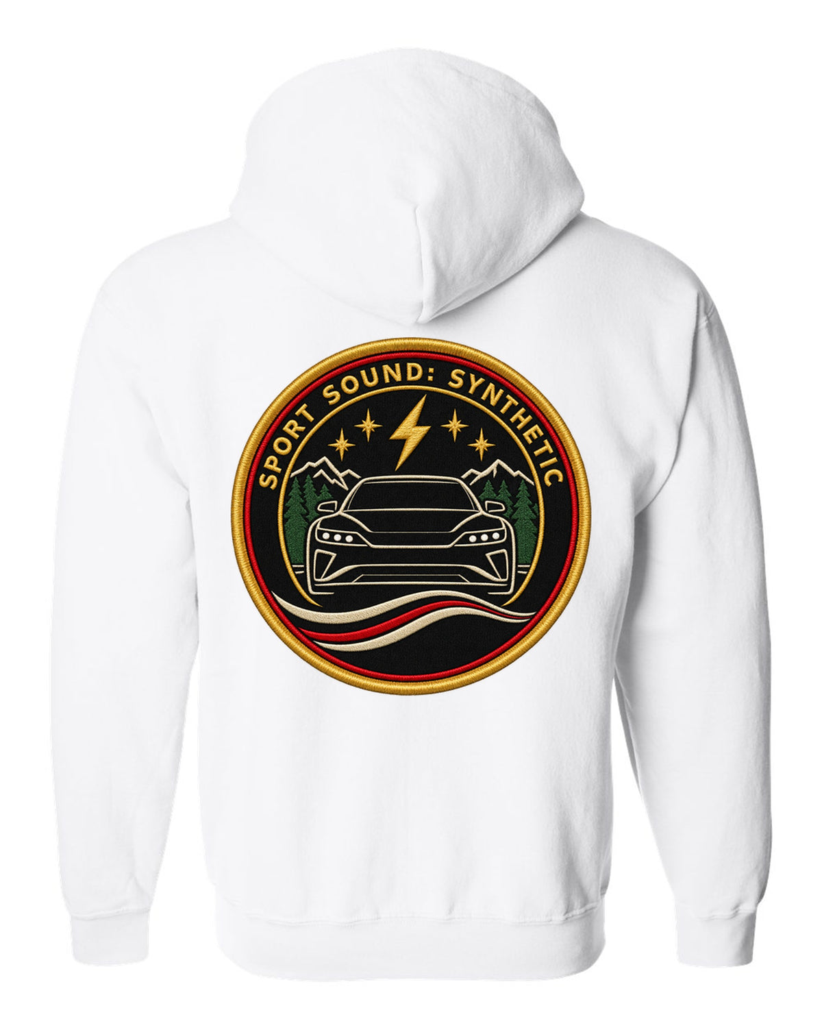 Porsche Taycan Turbo S 9J1 round embroidery-style crest print with the text sport sound synthetic white zip hoodie back view with the design