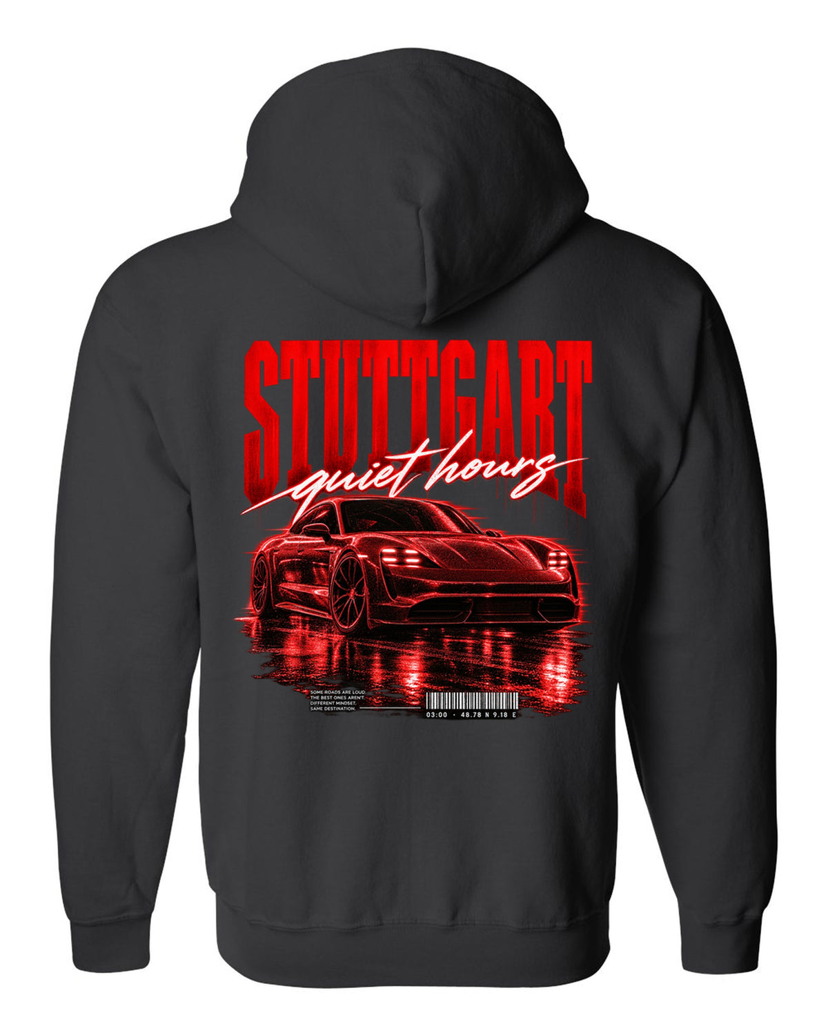 Low widebody Porsche Taycan Turbo S 9J1 street poster with Stuttgart coordinates black zip hoodie back view with the design