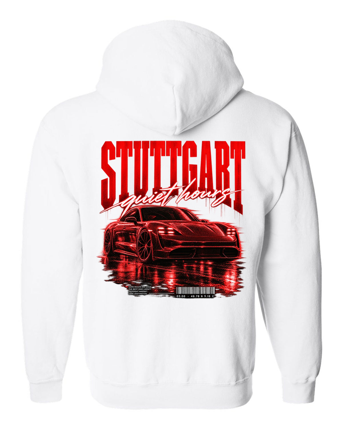 Low widebody Porsche Taycan Turbo S 9J1 street poster with Stuttgart coordinates white zip hoodie back view with the design