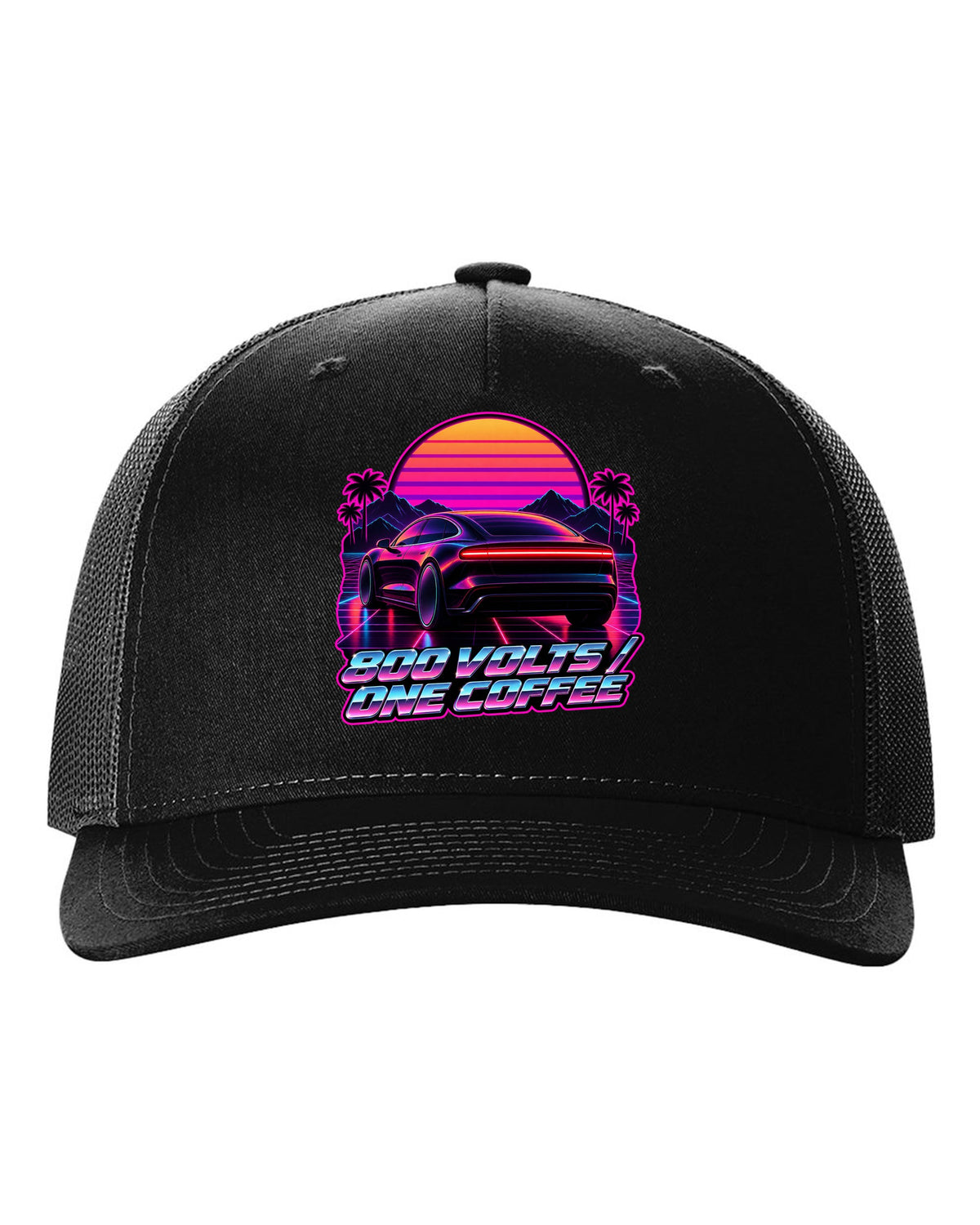 Porsche Taycan Turbo S 9J1 synthwave outrun light bar print with the text 800 volts one coffee black hat front view with the design