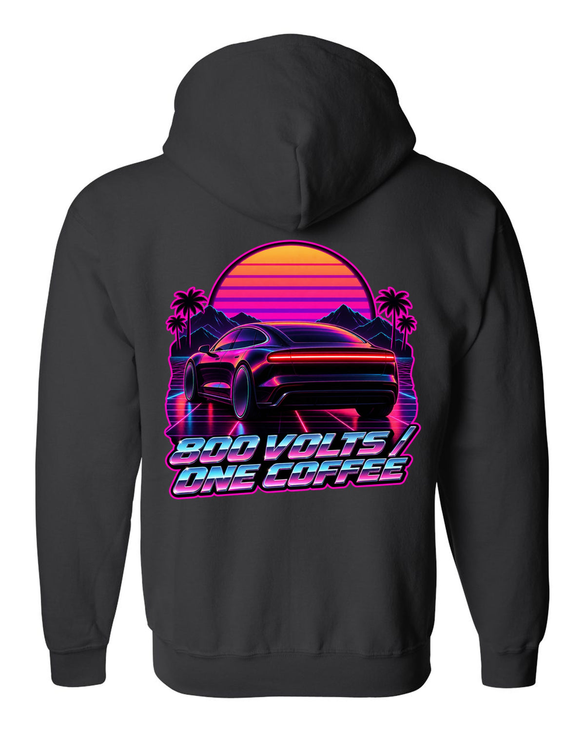 Porsche Taycan Turbo S 9J1 synthwave outrun light bar print with the text 800 volts one coffee black zip hoodie back view with the design