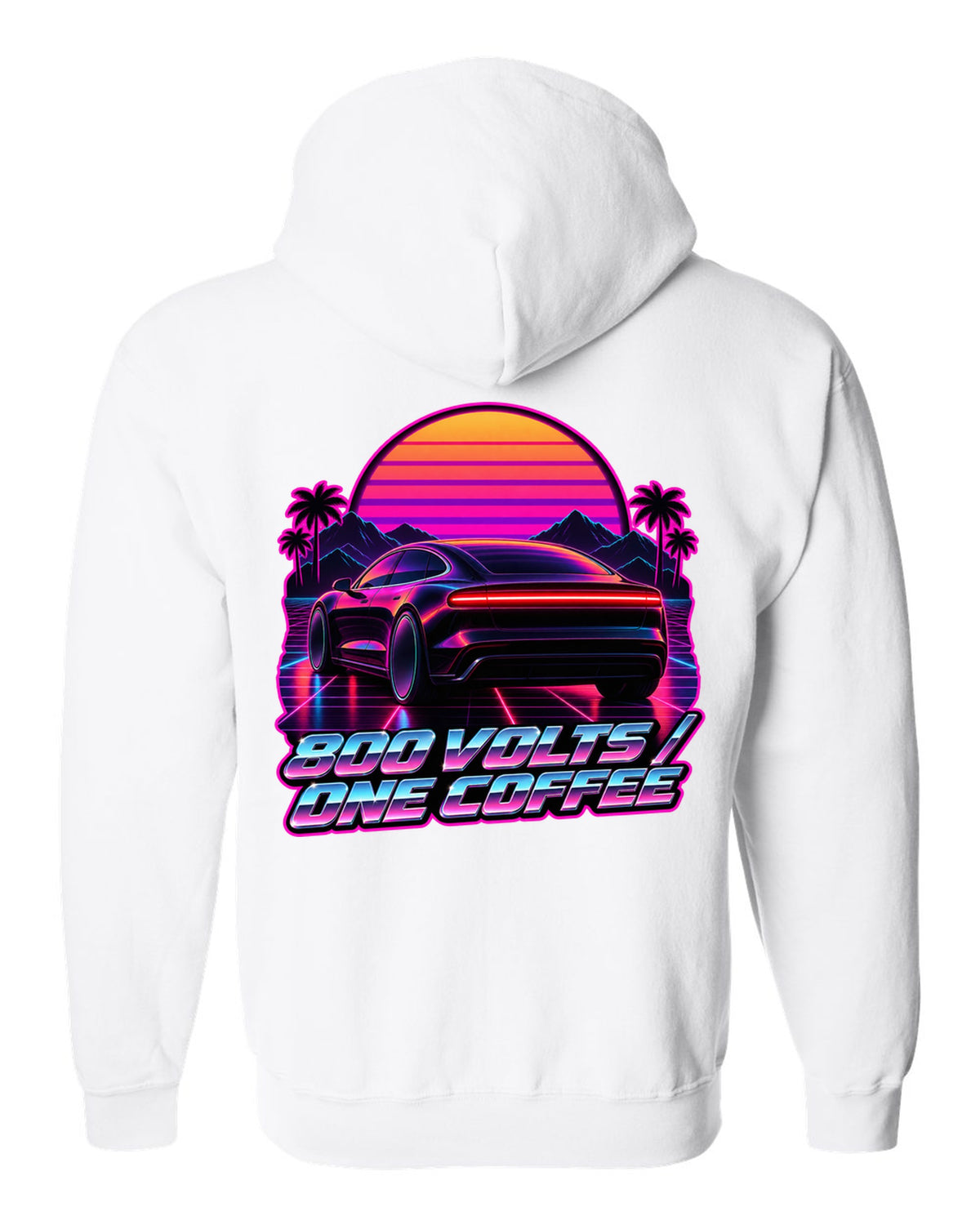 Porsche Taycan Turbo S 9J1 synthwave outrun light bar print with the text 800 volts one coffee white zip hoodie back view with the design