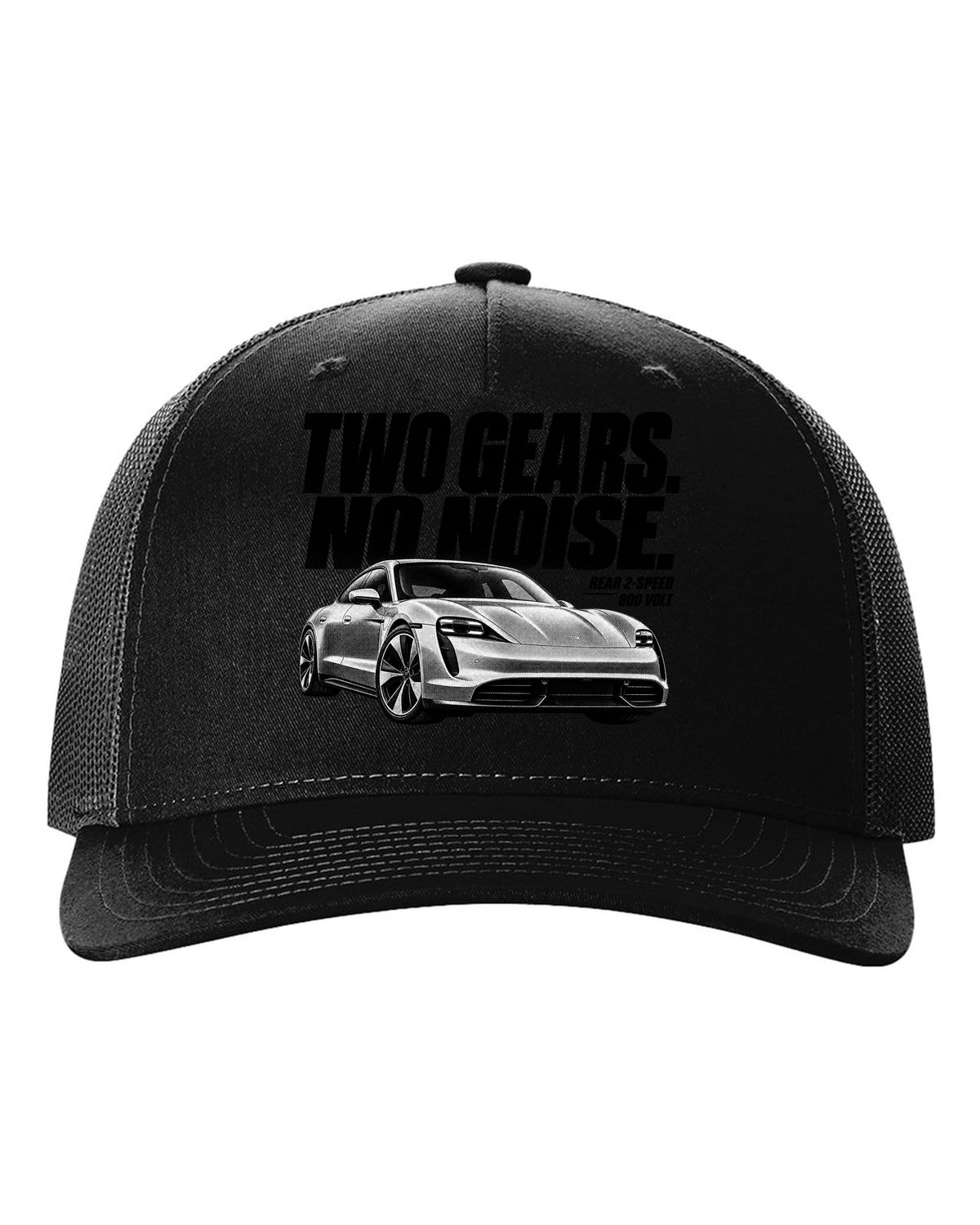 Halftone Porsche Taycan Turbo S 9J1 front three-quarter with two gears, no noise, rear 2-speed black hat front view with the design