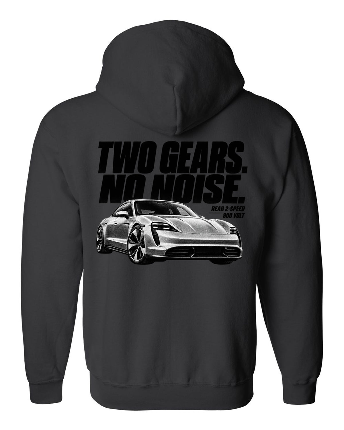 Halftone Porsche Taycan Turbo S 9J1 front three-quarter with two gears, no noise, rear 2-speed black zip hoodie back view with the design