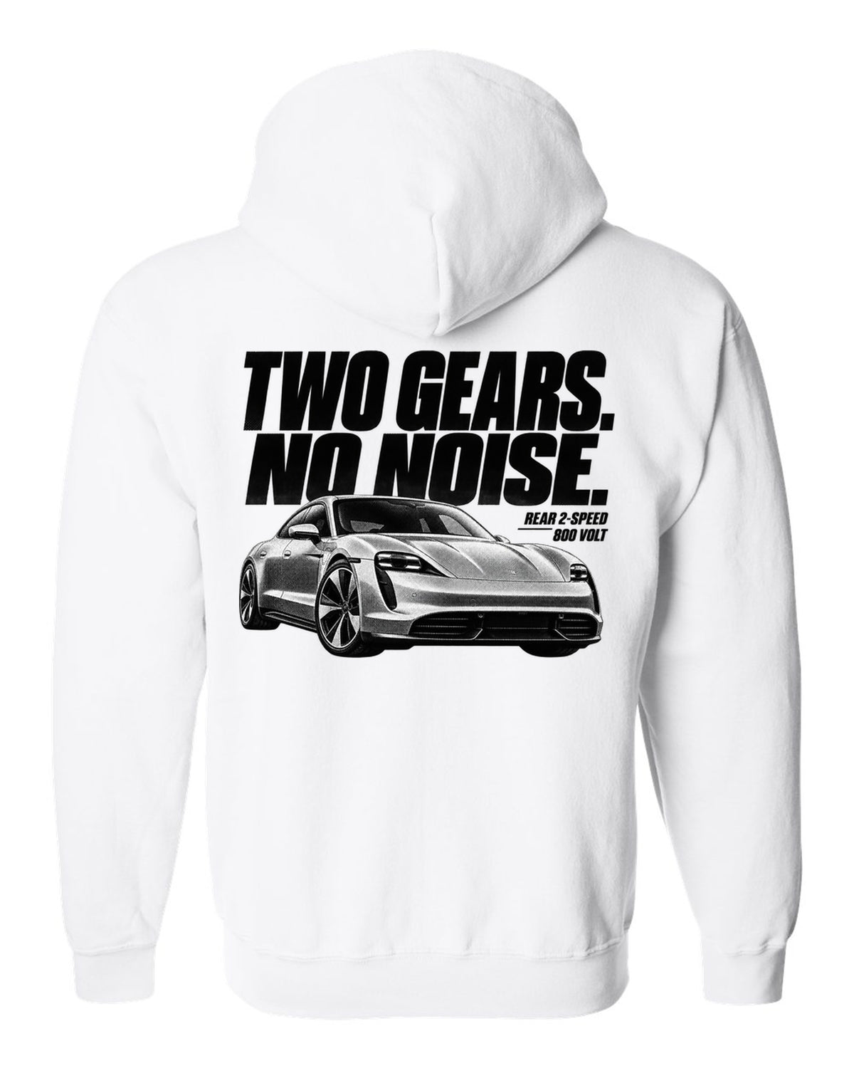 Halftone Porsche Taycan Turbo S 9J1 front three-quarter with two gears, no noise, rear 2-speed white zip hoodie back view with the design