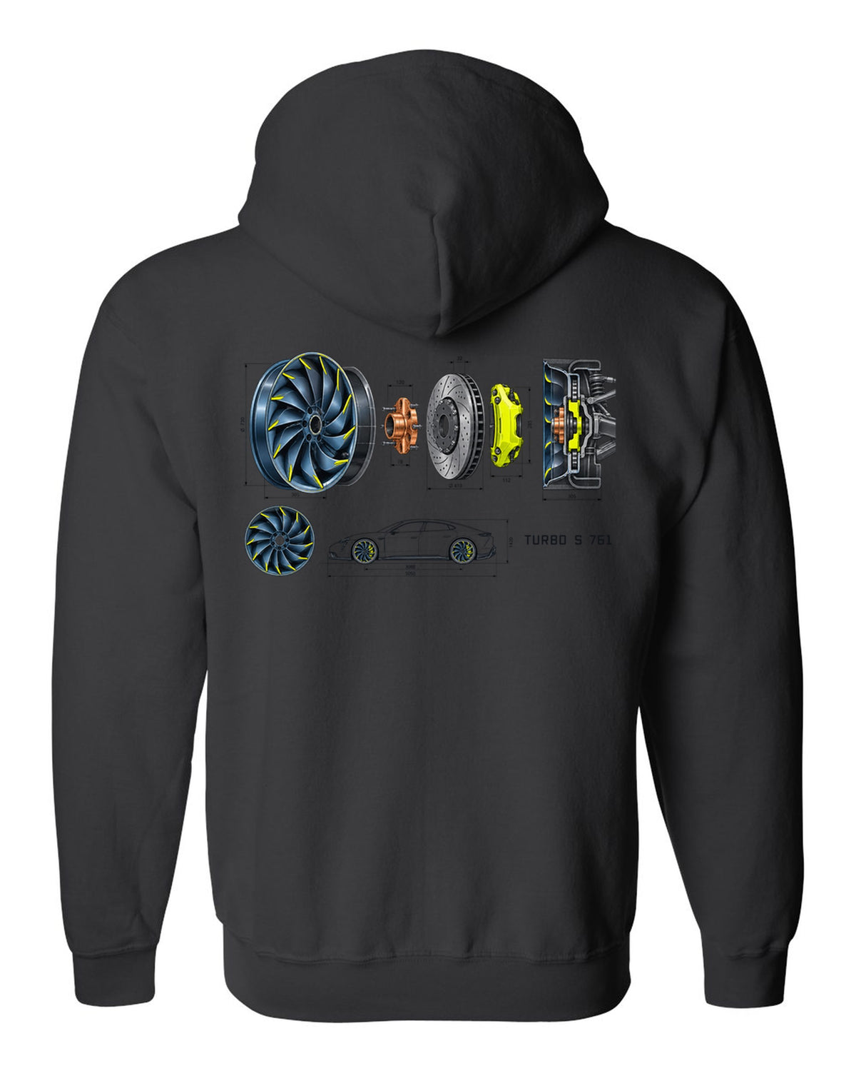 Porsche Taycan Turbo S 9J1 turbine wheel engineering schematic print with the text Turbo S 761 black zip hoodie back view with the design