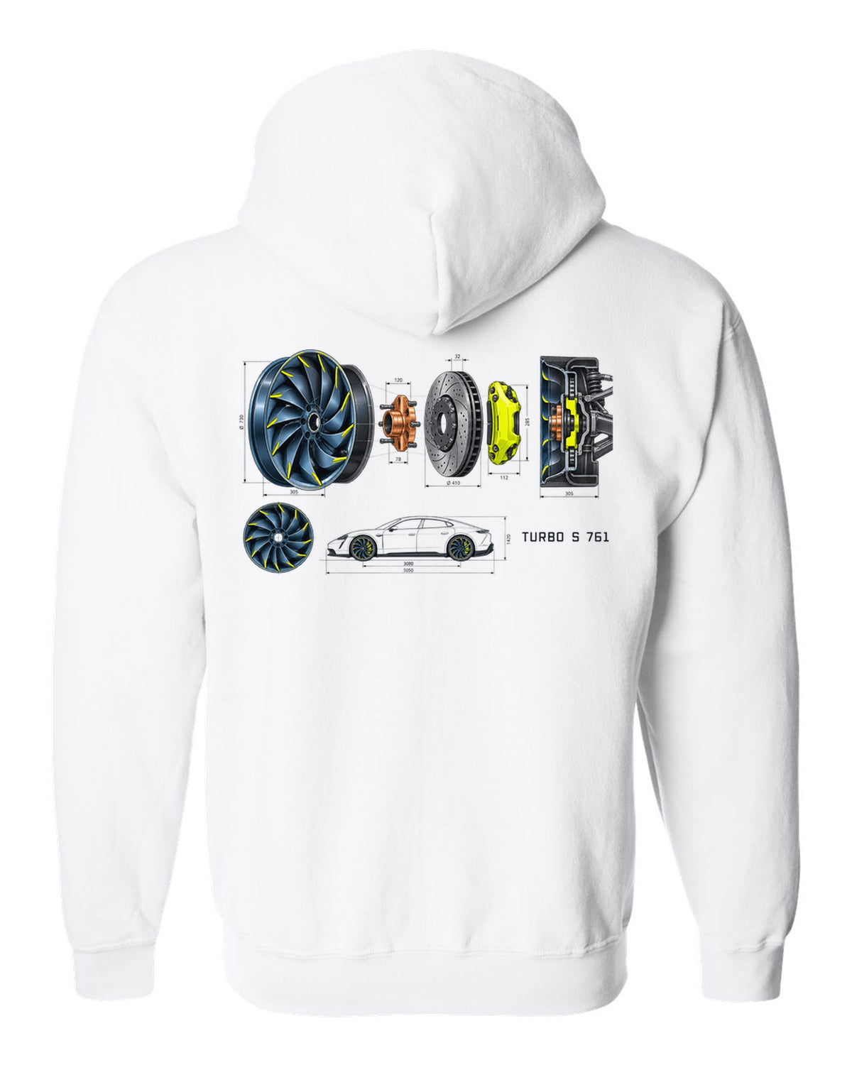 Porsche Taycan Turbo S 9J1 turbine wheel engineering schematic print with the text Turbo S 761 white zip hoodie back view with the design