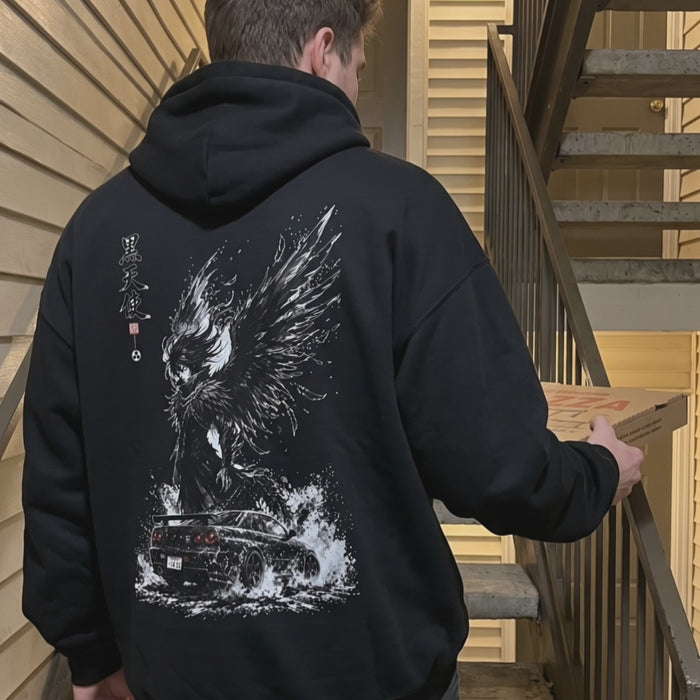 Customer wearing the Kuro Tenshi relaxed-fit hoodie