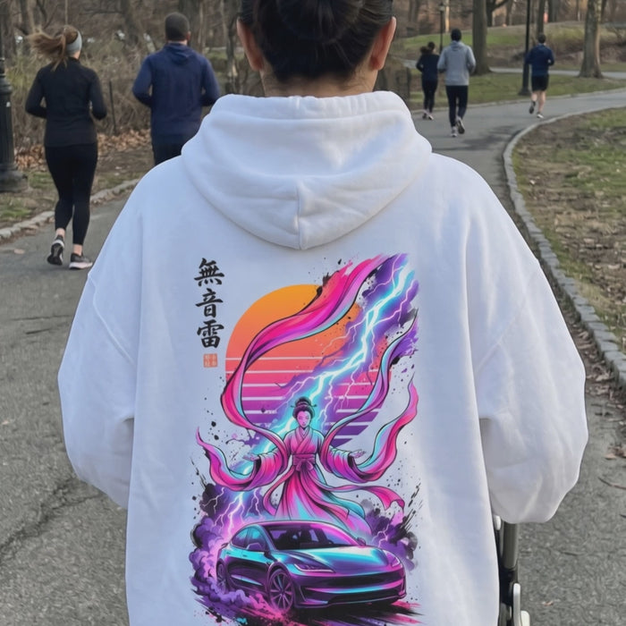 Customer wearing the Muon Rai relaxed-fit hoodie