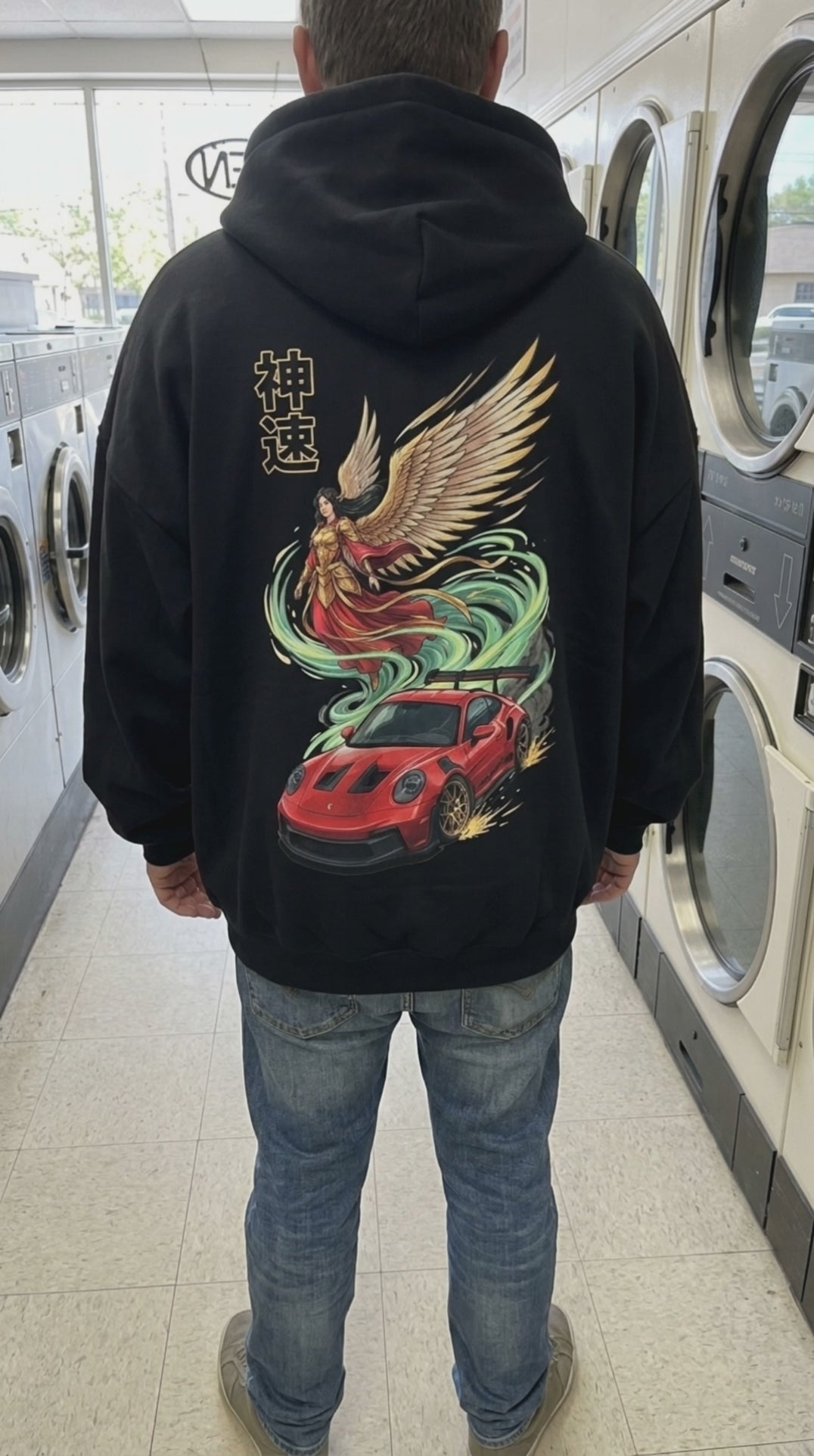 Customer wearing the Shinsoku Godspeed hoodie