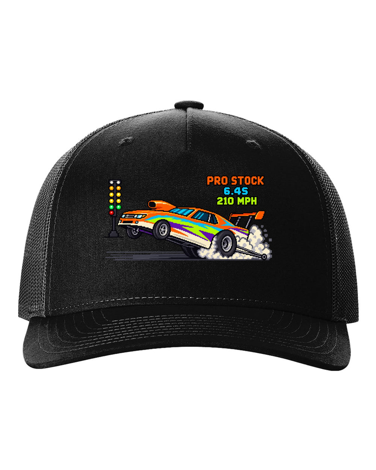 8-bit pixel art Pro Stock drag car launching with 6.4S 210 MPH lettering black hat front view with the design