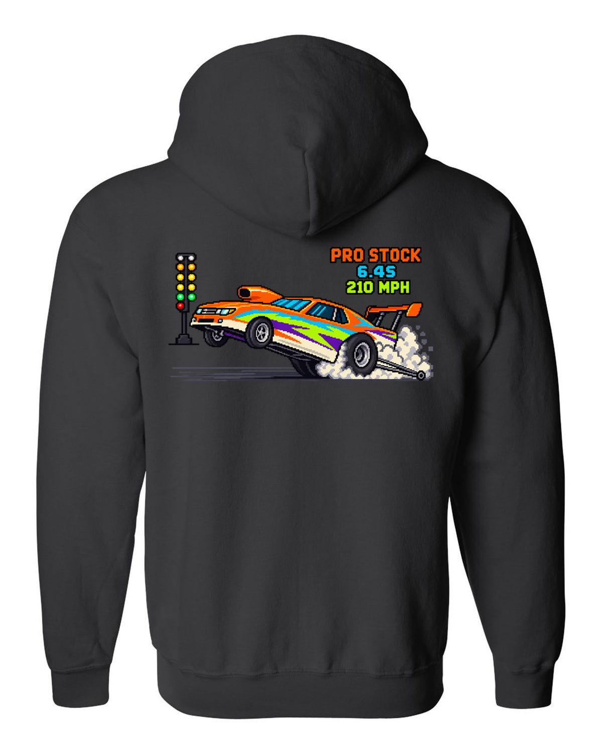 8-bit pixel art Pro Stock drag car launching with 6.4S 210 MPH lettering black zip hoodie back view with the design