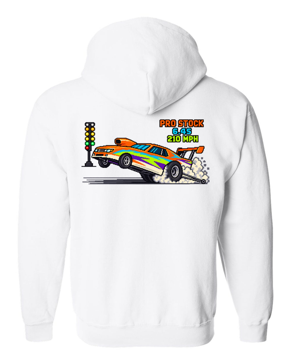 8-bit pixel art Pro Stock drag car launching with 6.4S 210 MPH lettering white zip hoodie back view with the design