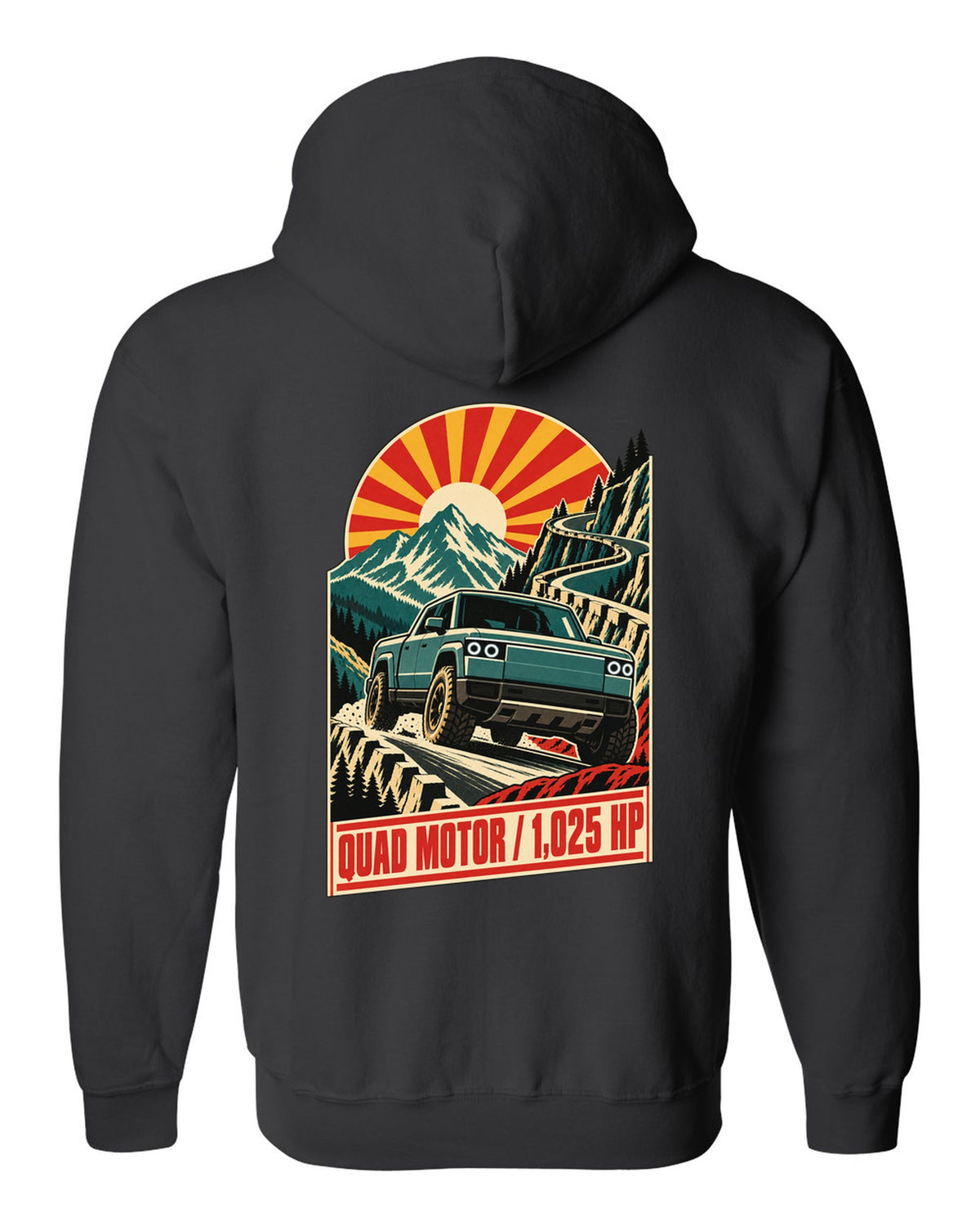 1960s lithographed vintage race poster print of a Rivian R1T reading Quad Motor 1,025 HP black zip hoodie back view with the design