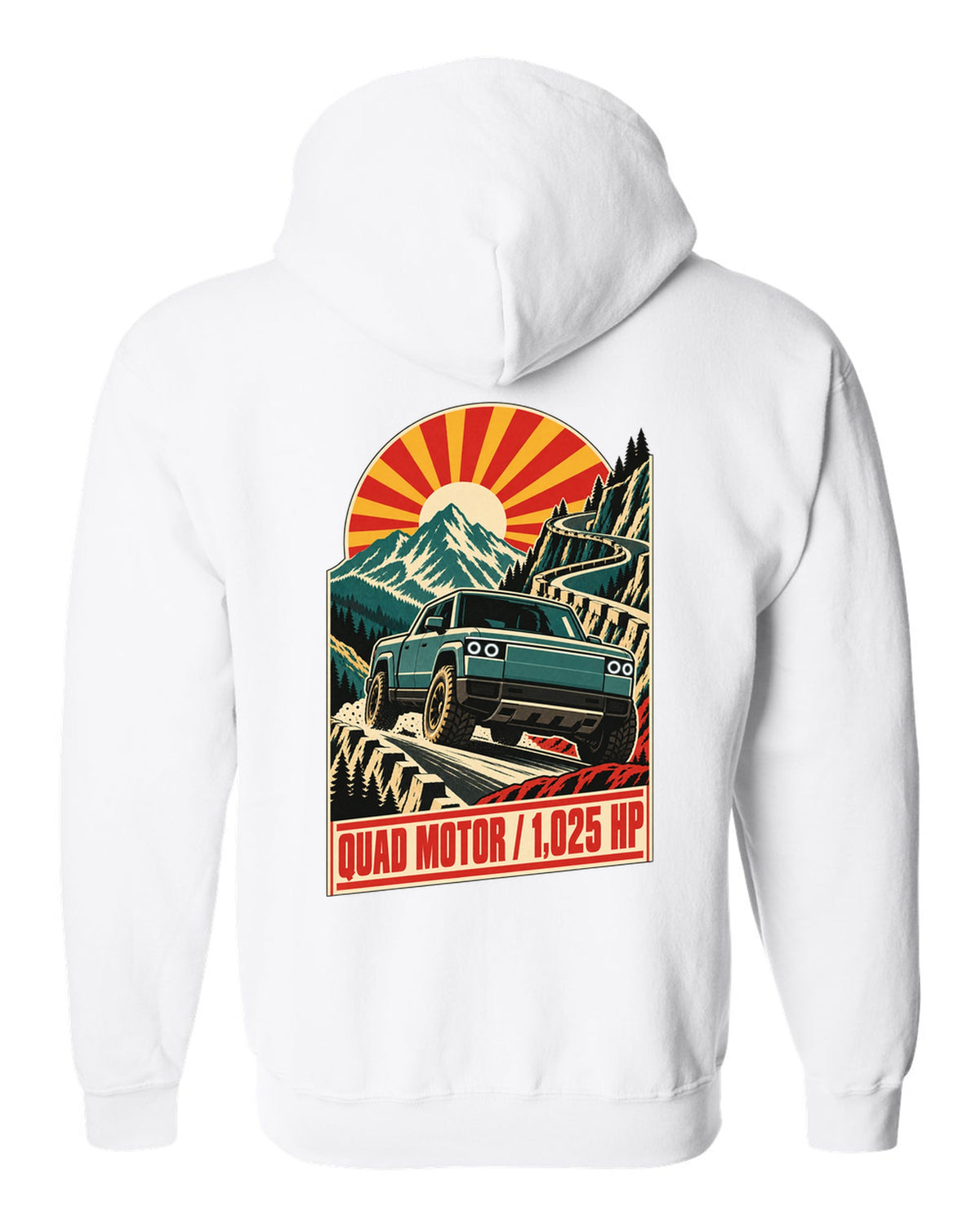1960s lithographed vintage race poster print of a Rivian R1T reading Quad Motor 1,025 HP white zip hoodie back view with the design