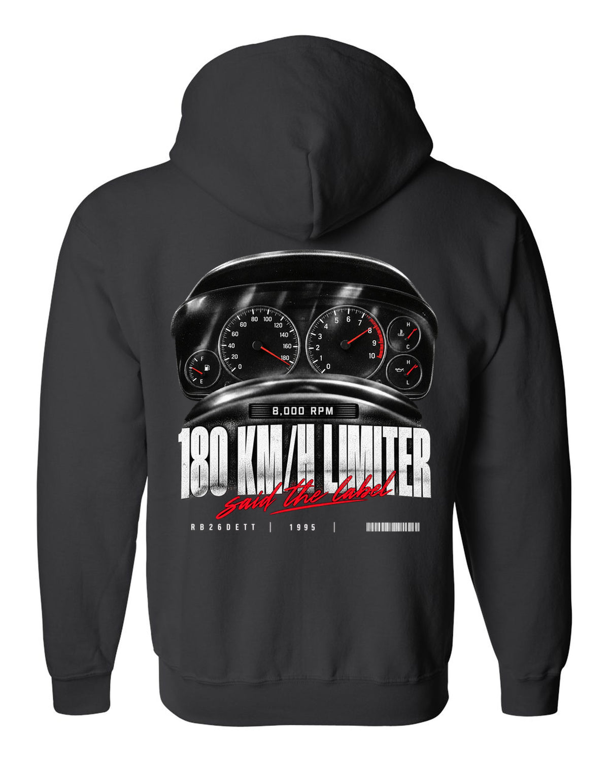 Instrument cluster of a Nissan Skyline GT-R R33 showing 180 km/h and 8,000 rpm with limiter caption black zip hoodie back view with the design