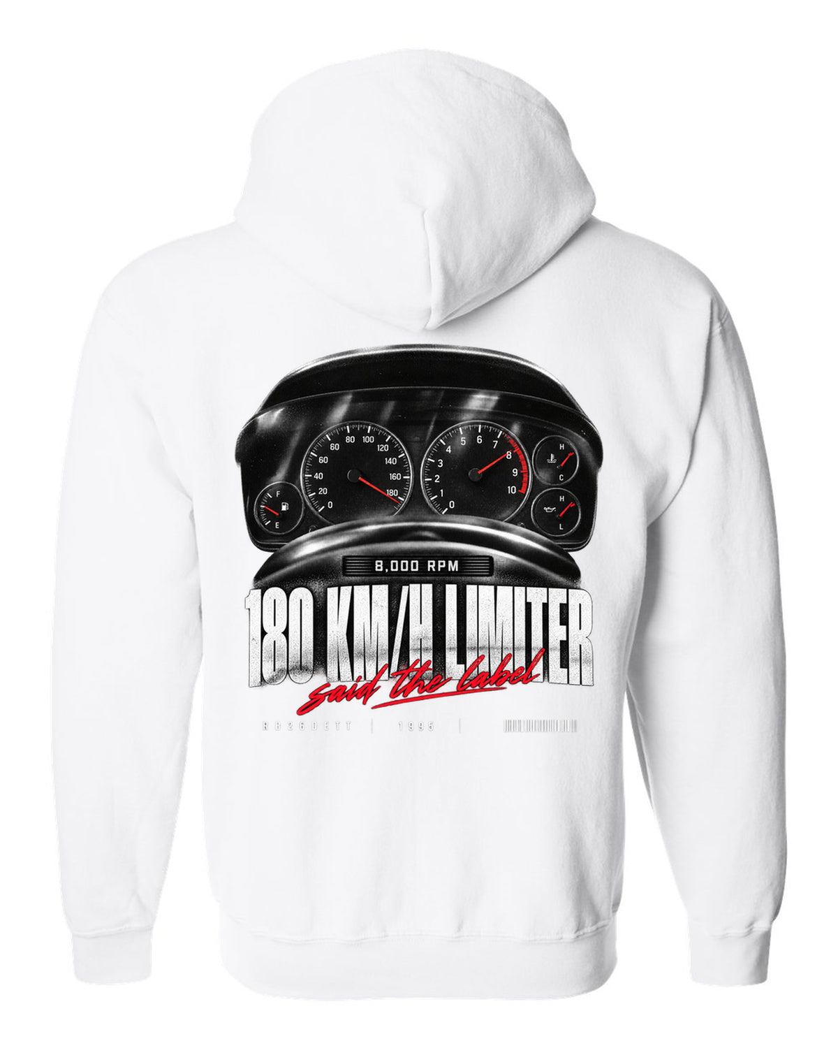 Instrument cluster of a Nissan Skyline GT-R R33 showing 180 km/h and 8,000 rpm with limiter caption white zip hoodie back view with the design